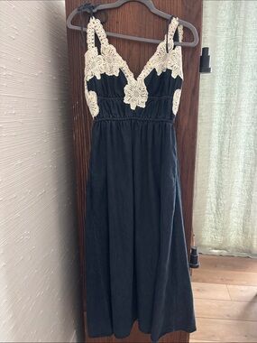 En Saison Dark Denim with Cream Crochet Trim - Women's Sleeveless Dress